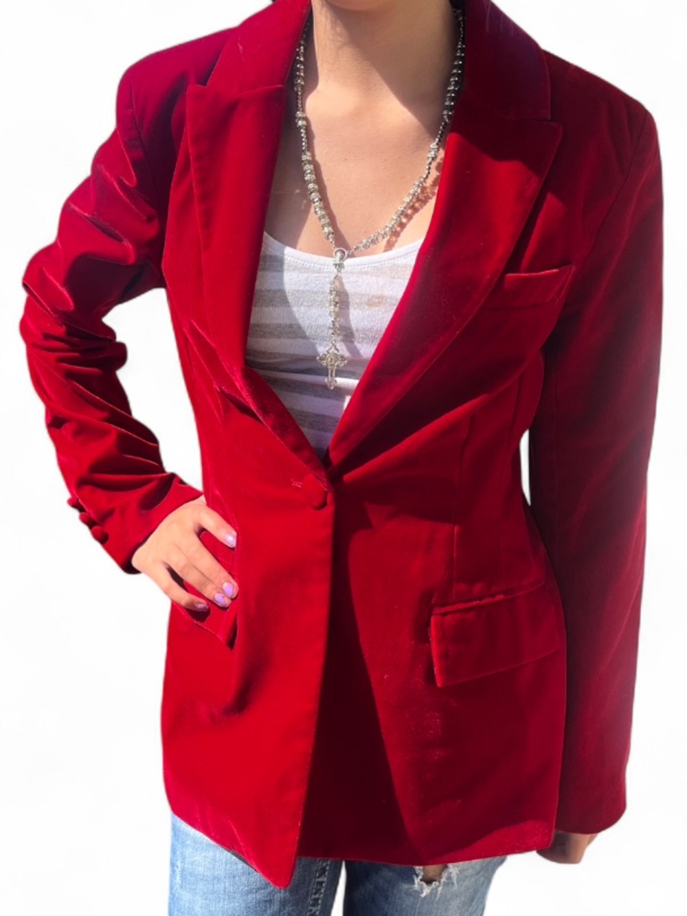 Steve Madden Classic Red Velvet Blazer - Women's Tailored Jacket